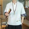 Camiseta de estilo chino para hombre, de verano, de algodón y lino con bordado de grulla fina, de manga corta, con hebilla holgada y media manga.
