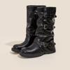 Couro Macio ~ Botas Estilo Deserto para Mulheres, Botas Pretas Retro Pregueadas, Botas com Fivelas de Cinto, Botas de Cano Médio para Calças, Tendência