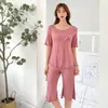 Camiseta de Verano Nueva con Nudo de Mariposa, Cuello Redondo y Volantes, Pantalones Casuales de Seis Puntos de Manga Media para Mujer, Conjunto de Dos Piezas de Pijama de Nicho