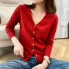 Top de punto principios de otoño estilo coreano suéter de cuello en V base holgada para mujer cárdigan corto de color liso una pieza dropshipping