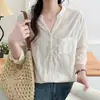 Camisa de algodón con bordado jacquard, corte ajustado, cuello en V, manga tres cuartos, nuevo top versátil estilo coreano de verano para mujer