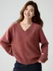 Suéter de cashmere com fio floral espesso para outono e inverno com design de ombro raglã, tricô pulôver feminino com decote V, estilo solto e casual