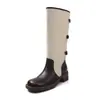 Botas de montaria retas femininas de couro bovino + tecido, novo modelo outono e inverno, bico redondo de couro genuíno com fivela e color-blocking, botas longas femininas