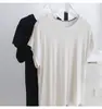 Camiseta fina de punto Tencel, fresca y suave, de manga corta para mujer, corte holgado de verano, adelgazante, color liso, cuello redondo, top con mascarilla facial