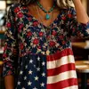Nuevo top de manga tres cuartos suelto con estampado y cuello en V, estilo europeo y americano, para mujer, adecuado para uso casual, vacaciones y con un aire retro.