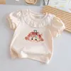 Camiseta de Manga Curta para Meninas 2026 Novo Estilo Bebê Algodão Puro Gola de Renda Top Menina Pequena Estampa de Desenho Fofo Roupa de Verão 3