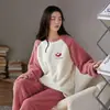 Pijamas Nuevos de Otoño e Invierno para Mujer, Franela Engrosada, Pantalones Largos Casuales de Dibujos Animados Dulces, Ropa de Casa de Terciopelo Coral para Mujer