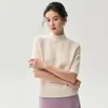 Suéter suave de cachemira amigable con la piel para mujer, cuello semi-alto, manga corta, corte ajustado, capa base de punto, suéter de manga raglán de cinco puntos, camiseta interior