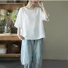 2026 Novo Estilo Artístico Simples Casual Manga Curta Camiseta para Mulheres Verão Solta e Versátil Cor Pura Casual Pulôver Top para Mulheres