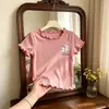 Camiseta de Manga Corta de Seda Helada para Niñas de Comercio Exterior Camiseta Lisa de Color para Bebé Verano Adorno de Volantes Top Dopamina para Bebé Casual