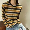 Camiseta de manga larga a rayas de color contrastante para mujer, nueva moda estilo coreano otoño 2026, camiseta básica suelta, top casual versátil