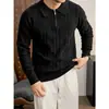 Suéter de Punto Americano Retro Old Money con Media Cremallera y Cuello para Hombre Otoño/Invierno Textura de Raya Vertical Jacquard Anti-Pilling Camisa POLO