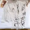 Pijama Hongda Sheng de Seda Hielo Acanalado con Copas para Mujer Manga Corta Pantalón Largo Nuevo Gato de Dibujos Animados Estilo Perezoso Hogar
