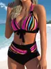 2025 Novo Estilo Europeu e Americano Listrado Estampado Amazon Maiô Push-Up Sem Costas Feminino Maiô de Férias com Combinação de Cores Bikini