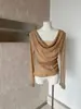 Top Ruoxin Outono Estilo Coreano Vibe de Desejo Puro Acabamento com Strass Patchwork Decote Amplo Slim Fit