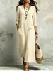 Vestido cruzado de talla europea grande, cuello redondo, manga tres cuartos, con bolsillos, estilo artístico casual holgado, vestido largo por encima de la rodilla
