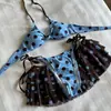 Traje de baño de tres piezas con estampado de lunares y bloques de color, estilo coreano Ins, estilo puro deseo, bikini para vacaciones con push-up para busto pequeño, con cordones