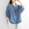 Nueva Camiseta Casual Suelta Talla Grande 2022 para Mujer, Manga Murciélago, Dobladillo con Cordón, Cuello Redondo, Manga Media, Top Pullover para Verano