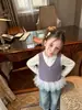 Chaleco de punto para niños, nuevo estilo de otoño, chaleco para niñas con patchwork de lunares, camiseta base con estampado de conchas, jeans para bebé