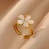 Anillo Retro de Moda Colorido Ojo de Gato Flor Acero Inoxidable Chapado en Oro de 18k para Mujer Sentido del Diseño Dulce Temperamento Anillo de Dedo