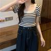 Suéter de Punto de Cuello Cuadrado a Rayas de Manga Corta para Mujer Primavera Estilo Coreano Combinable Ajustado Top Corto Ajustado para Mujeres Petite