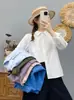 Camisa blanca de algodón puro para mujer, estilo holgado y casual, adecuada para primavera y otoño, talla petite, manga larga, hombros de corte regular