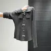 Camiseta de Punto de Manga Larga Gris con Cuello de Muñeca y Lazo, Nueva Colección Otoño/Invierno 2026, Top Delgado Adelgazante para Mujer