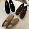 Mocasines Retro de Gamuza para Mujer 2025 Primavera y Otoño Nuevos Zapatos Planos Franceses de Tacón Grueso Zapatos Pequeños de Cuero de una Sola Pierna