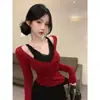 Camiseta de Manga Larga con Hombro Descubierto Estilo Chica Sexy Caliente Falsa de Dos Piezas, Moderna y Versátil para Primavera y Otoño, Top Ajustado y Favorecedor, Estilo Ins