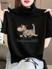 Camiseta feminina de algodão puro, manga curta, gola alta meia, escovada e espessa, branca, estilosa e versátil, top base para moda outonal