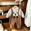 Macacão Listrado Falso Duas Peças para Bebê Menino Outono Inverno Espessado Macacãozinho 3D Cachorrinho Roupa para Engatinhar ao Ar Livre para Bebê