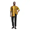 Camisa masculina de estilo étnico africano com gola alta e mangas curtas, com estampa wax Ankara e design patchwork, top de vestuário masculino transfronteiriço