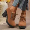 Nuevas Botas Cortas Estilo Comercio Exterior con Cremallera Lateral y Tacón Grueso para Mujer, Botas de Moda Retro con Punta Redonda Talla Grande y Tacón Alto, Botas de Cuero con Cordones