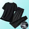 Traje Casual de Sensación Hielo para Hombre, Verano Transpirable de Secado Rápido Elástico de Manga Corta y Pantalón Largo, Conjunto de Ropa Deportiva de Cuello Redondo para Hombre, Atuendo de Moda para Hombre