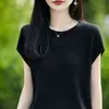Nueva Camiseta de Punto para Mujer Primavera/Verano 2026, Tencel Lino, Cuello Redondo, Manga Corta, Color Sólido, Calado, Holgada, Capa Base