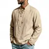 Camisa Henley de lino para hombre, color liso vintage, manga larga, corte holgado, casual, para playa, con cordón, cuello mao, europea y americana, para primavera/otoño