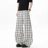 Outono de 2026 Novo Calça Casual Masculina de Sarja Xadrez Respirável de Cintura Alta e Perna Larga, Calça Longa Tamanho Grande, Tendência