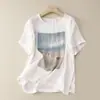 Camiseta de Manga Corta de Algodón y Lino para Mujer Verano 2026 Nueva Retro Estampada Holgada Adelgazante Top Camiseta de Algodón y Lino Talla Grande