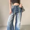 Jeans skinny cintura alta, jeans de sarja com caimento, estilo retro americano com cordão, jeans versátil