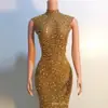 Malla Deslumbrante Diamante Caliente Transparente Ajustado Sexy Falda Larga Vestido de Noche Traje de Actuación Escénica