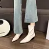 Botas Curtas Bege de Bico Fino para Mulheres com Salto Alto, Novidade Outono e Inverno 2025 Estilo Francês, Cano Curto com Zíper Traseiro, Salto Bloco e Design Elástico Slim-Fit