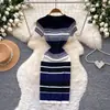Vestido Tricô Color Block Listrado Estilo Coreano Feminino 2026 Verão Emagrecedor Manga Curta Elegante Saia Evasê Para o Trabalho