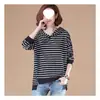 T-shirt Plus Size 200 lbs Manga Longa Gorda MM Solta Casual com Capuz Listrada Pulôver Moletom Casaco Roupa Feminina Primavera e Outono