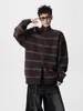 Suéter Cardigan Retrô com Gola Alta para Homens e Mulheres, Design de Primavera e Outono, Cardigan de Tricô Listrado, Jaqueta Outerwear Estilo Americano