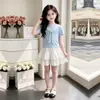 2026 Nueva Moda de Verano Elegante Camiseta de Manga Corta para Niñas Falda de Encaje Dulce Linda Conjunto de Dos Piezas Vestido