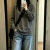 Camiseta de Algodón Peinado para Mujer Manga Larga Otoño Casual Holgada Capa Base Estilo Perezoso Relajado Americano Top de Canalé