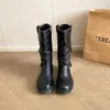 Tiro real~Botas de cuero de tacón grueso estilo británico para mujer, nuevas botas de media pantorrilla 2026 otoño e invierno con hebilla de cinturón, botas de montar apiladas para mujer