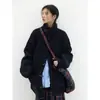 Suéter Cardigan Tricô Grosso Azul Marinho 100% Lã com Padrão Trançado e Botões de Chifre, Gola Reversível Feminina, Casaco de Inverno Quente 33m023