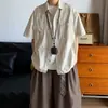 Camisa Masculina Retro Americana de Listras Finas de Manga Curta, Estilo Verão Workwear com Cordão Curto, Estilo Old Money Camisa Casual