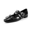 Sapatos Mary Jane de Couro com Fivela de Rebite Doces e Estilosos 2025 Sapatilhas Femininas de Couro Genuíno com Salto Baixo Bloco e Bico Quadrado